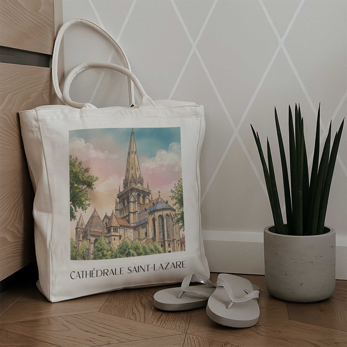 cathédrale-saint-lazare-autun-frankreich-einkaufstasche-aquarell
