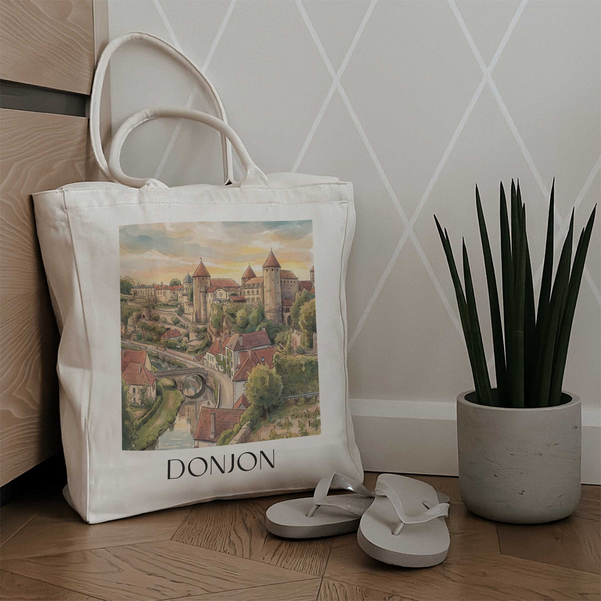 donjon-semur-en-auxois-frankreich-einkaufstasche-aquarell