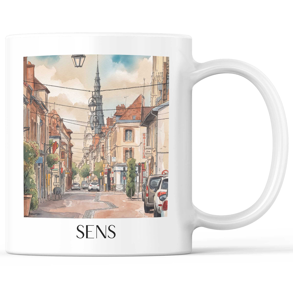 Sens Kaffeebecher - Bourgogne - Frankreich Becher - Kaffeetasse im Aquarell Stil