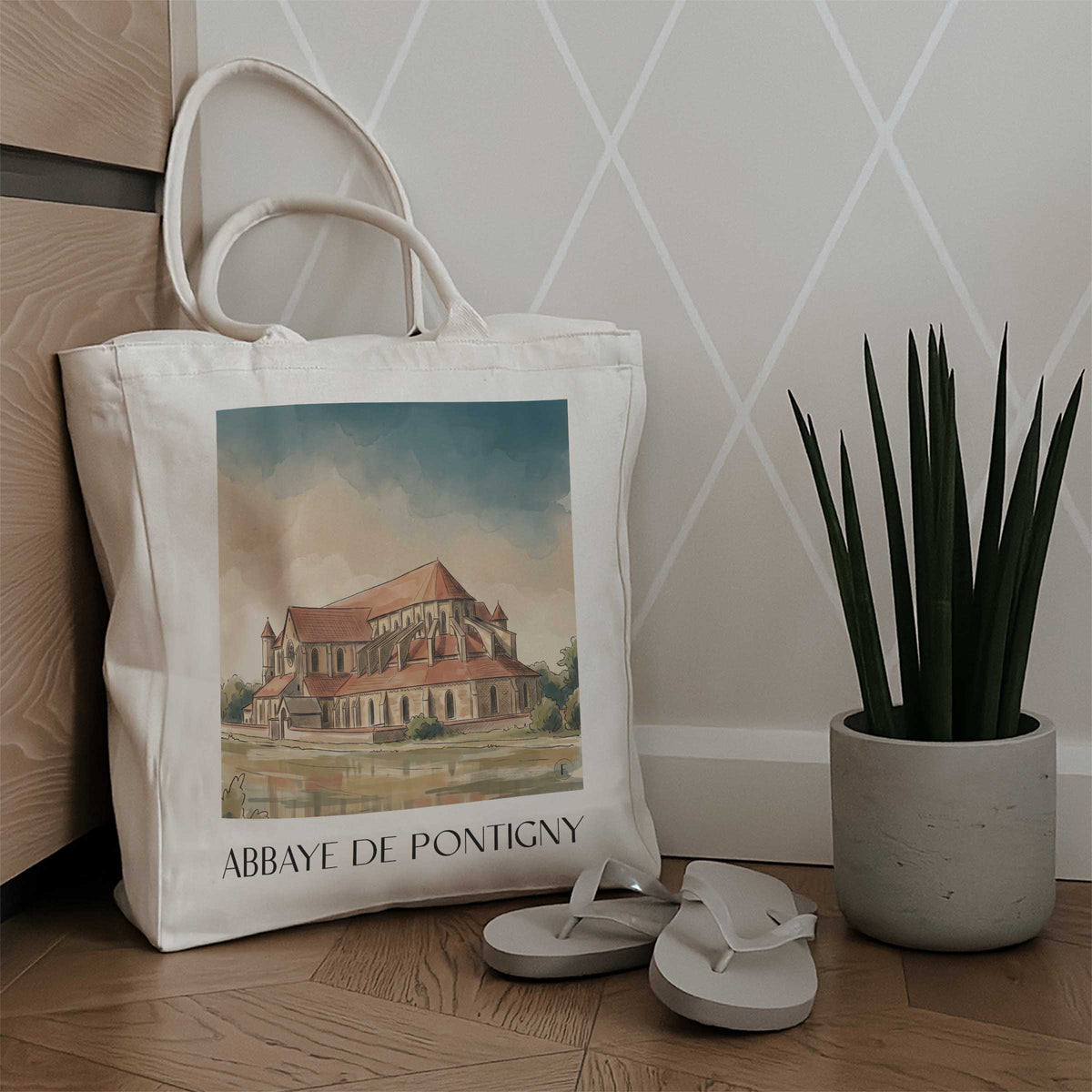abbaye-de-pontigny-bourgogne-frankreich-einkaufstasche-aquarell