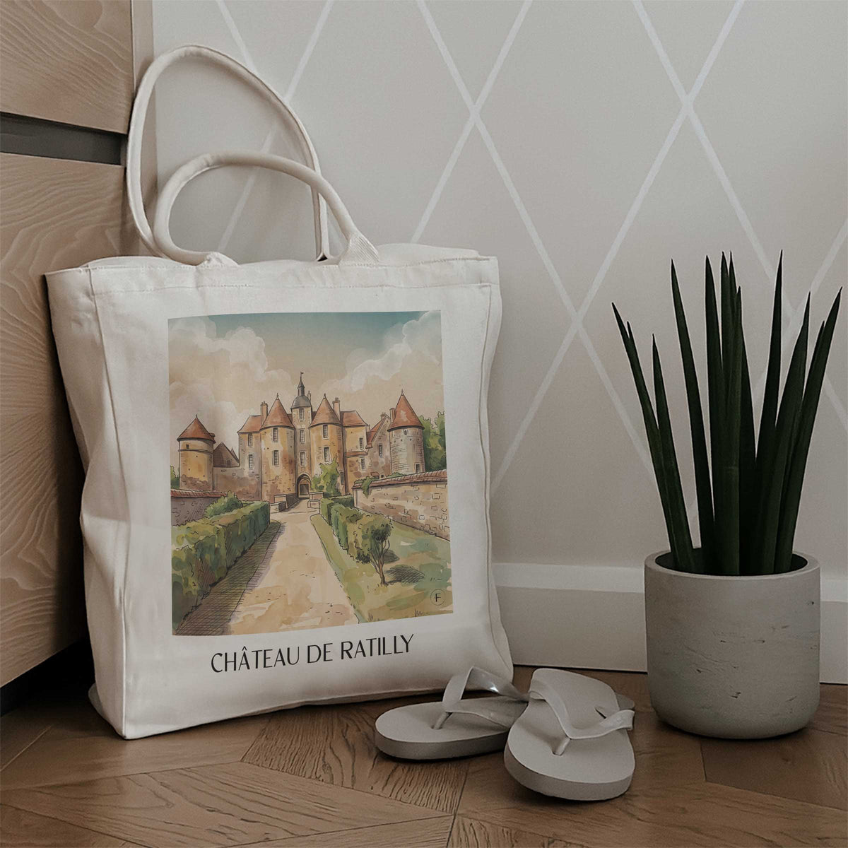 château-de-ratilly-puisaye-frankreich-einkaufstasche-aquarell