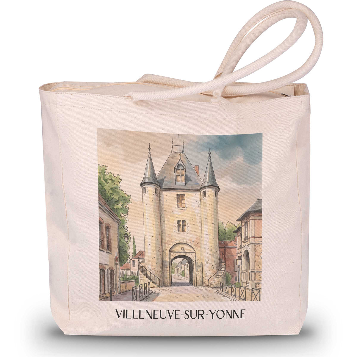 villeneuve-sur-yonne-vallée-de-l'yonne-frankreich-einkaufstasche-aquarell