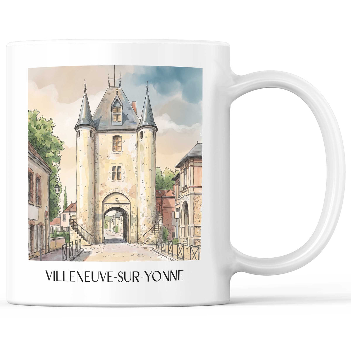 Villeneuve-sur-Yonne Kaffeebecher - Vallée de l'Yonne - Frankreich Becher - Kaffeetasse im Aquarell Stil