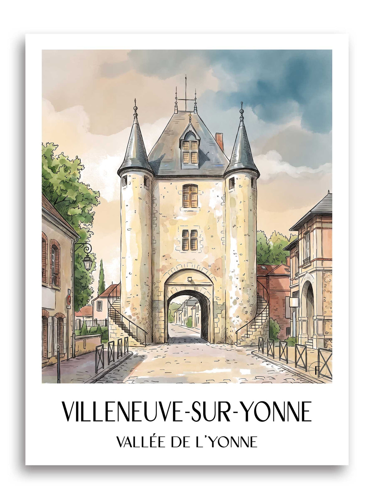 villeneuve-sur-yonne-vallée-de-l'yonne-frankreich-poster-aquarell