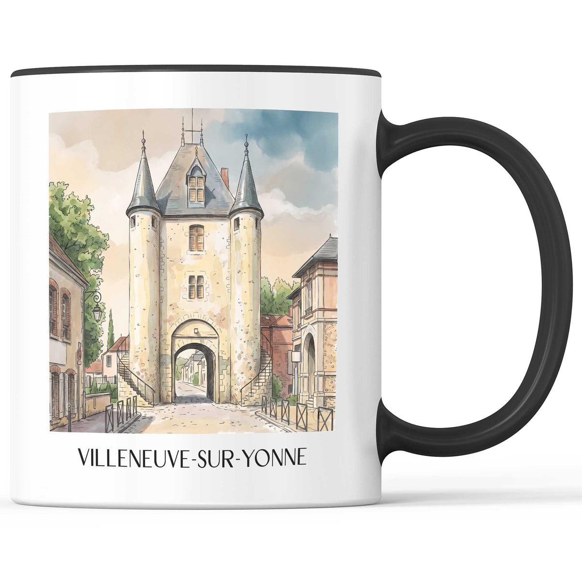 Villeneuve-sur-Yonne Kaffeebecher - Vallée de l'Yonne - Frankreich Becher - Kaffeetasse im Aquarell Stil