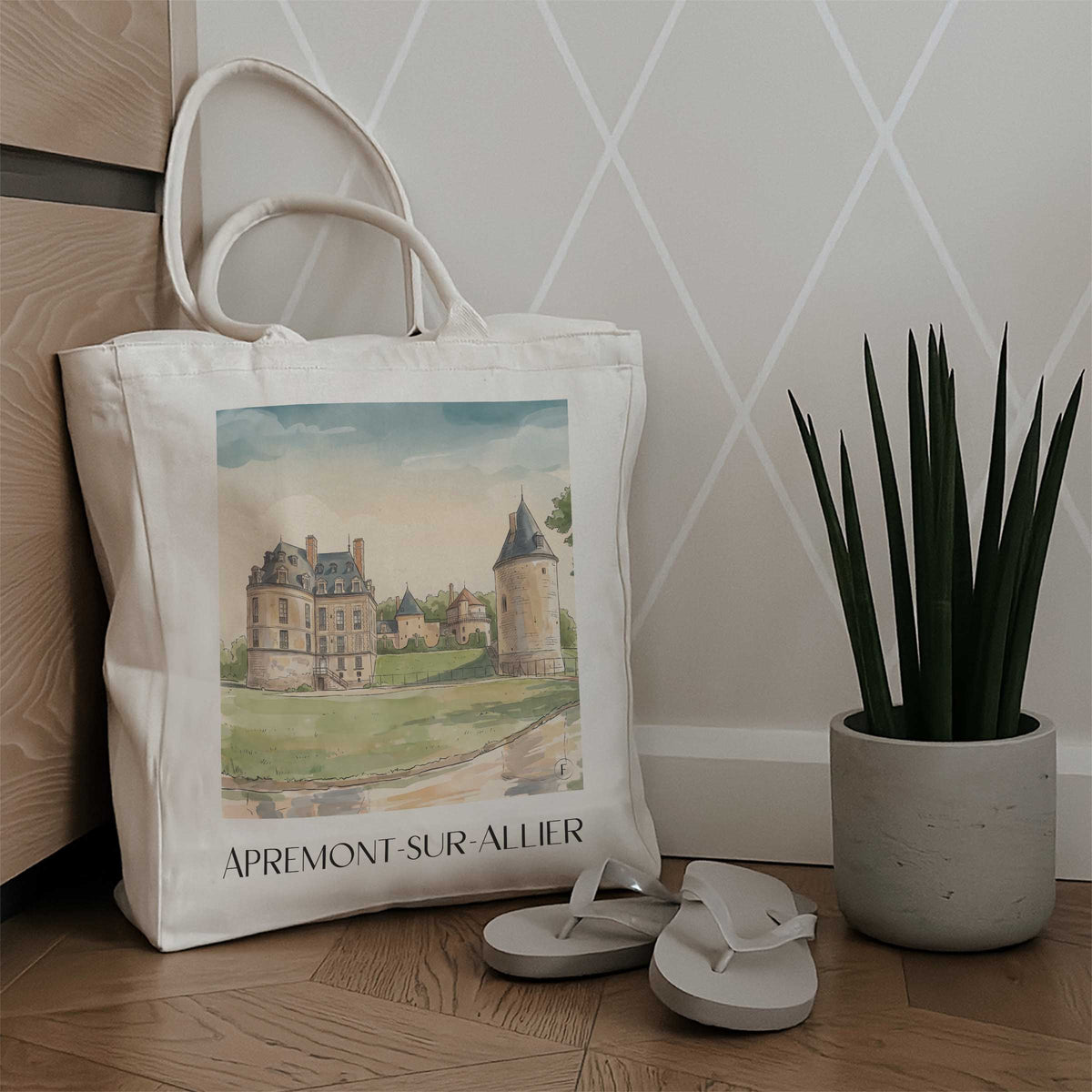 apremont-sur-allier-val-d'allier-frankreich-einkaufstasche-aquarell