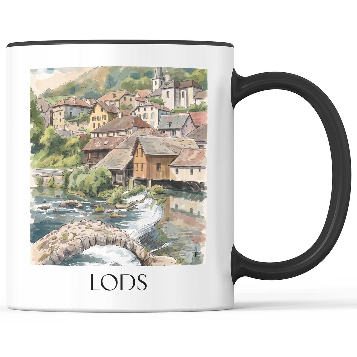 lods-vallée-de-la-loue-frankreich-kaffeebecher-aquarell