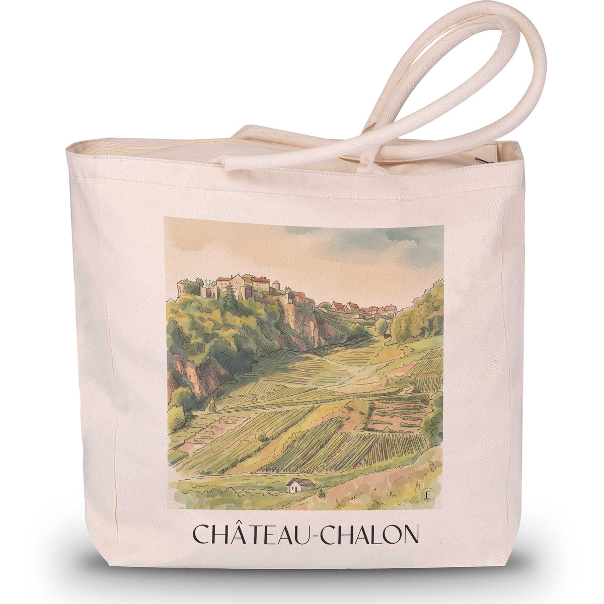 château-chalon-vignoble-du-jura-frankreich-einkaufstasche-aquarell