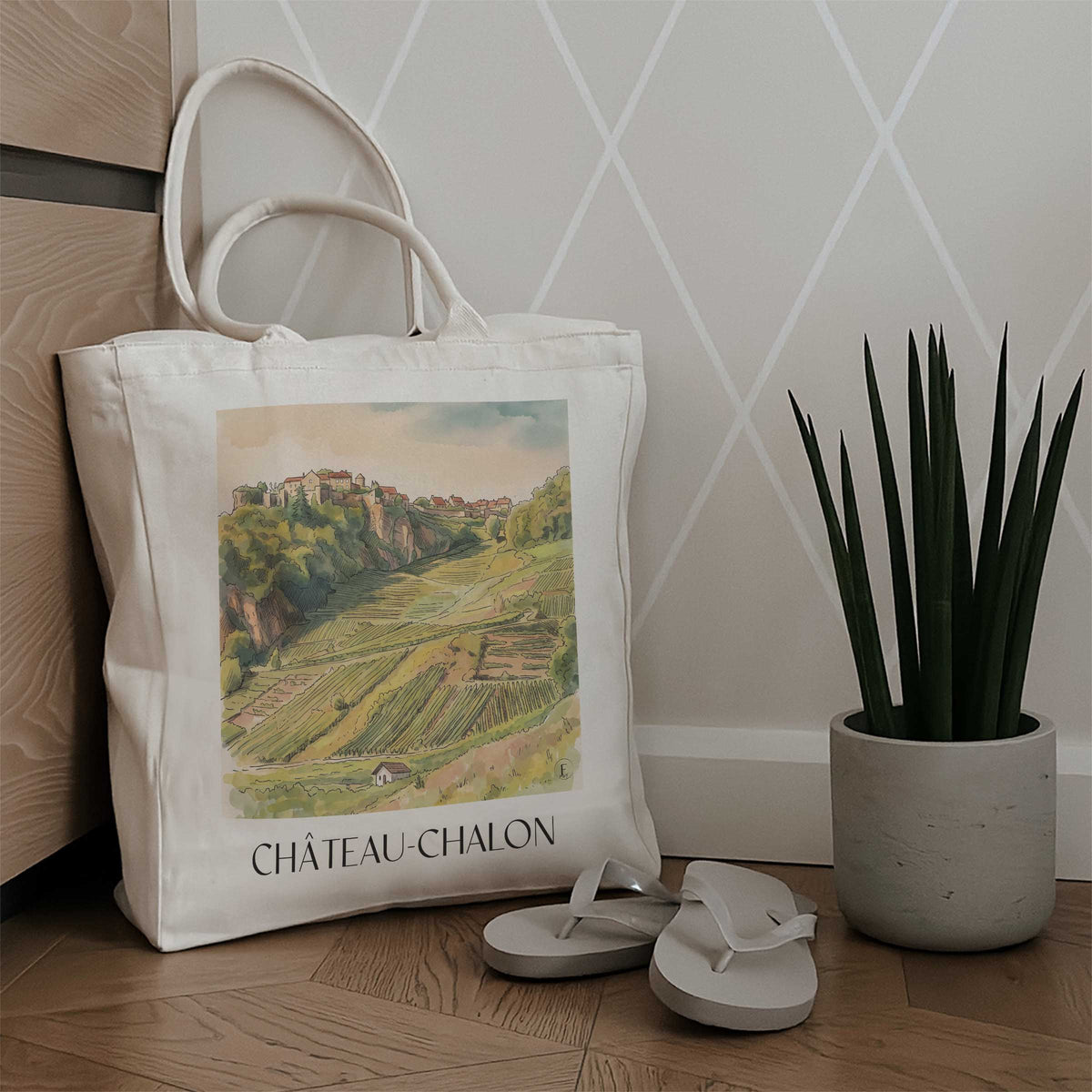 château-chalon-vignoble-du-jura-frankreich-einkaufstasche-aquarell