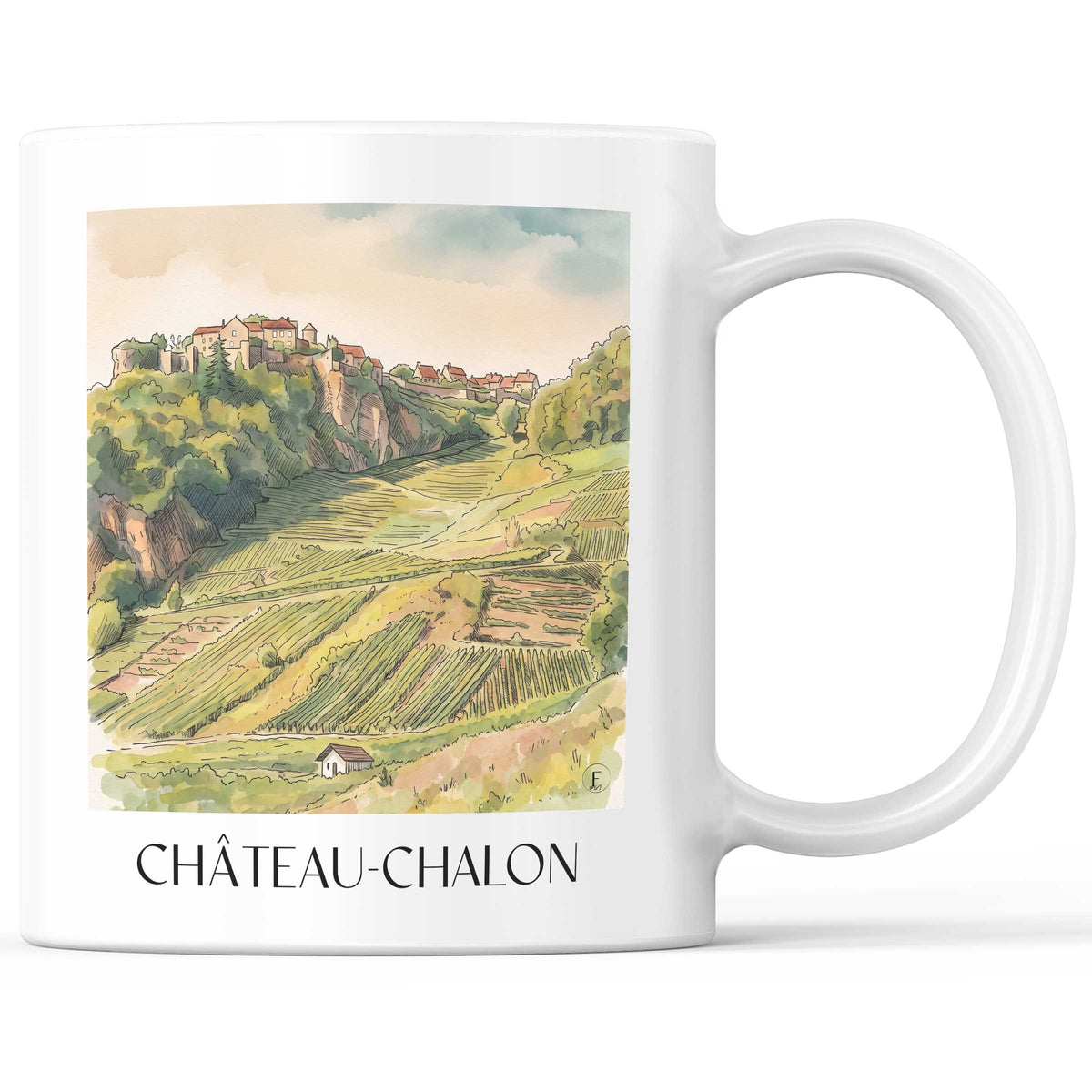 Château-Chalon Kaffeebecher - Vignoble du Jura - Frankreich Becher - Kaffeetasse im Aquarell Stil