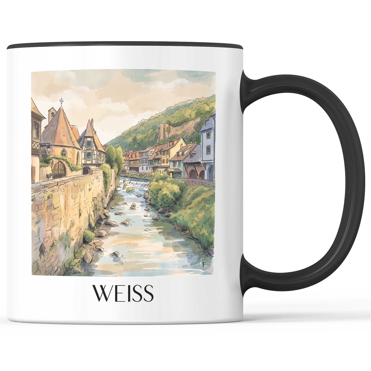 Weiss Kaffeebecher - Kayserberg - Frankreich Becher - Kaffeetasse im Aquarell Stil