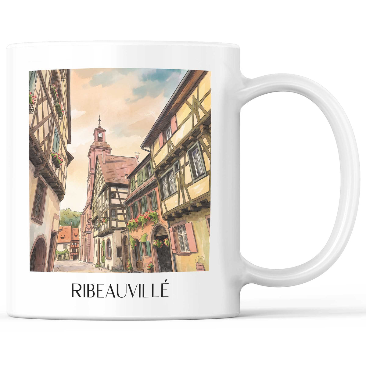 Ribeauvillé Kaffeebecher - Route des Vins d'Alsace - Frankreich Becher - Kaffeetasse im Aquarell Stil