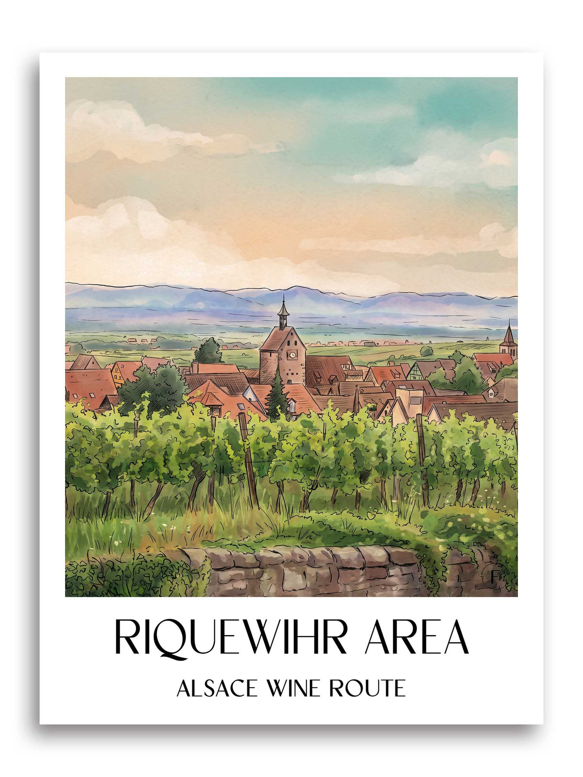 Riquewihr-Umland Poster - Route des Vins d'Alsace - Frankreich Kunstdruck - Aquarell von A4 bis A1