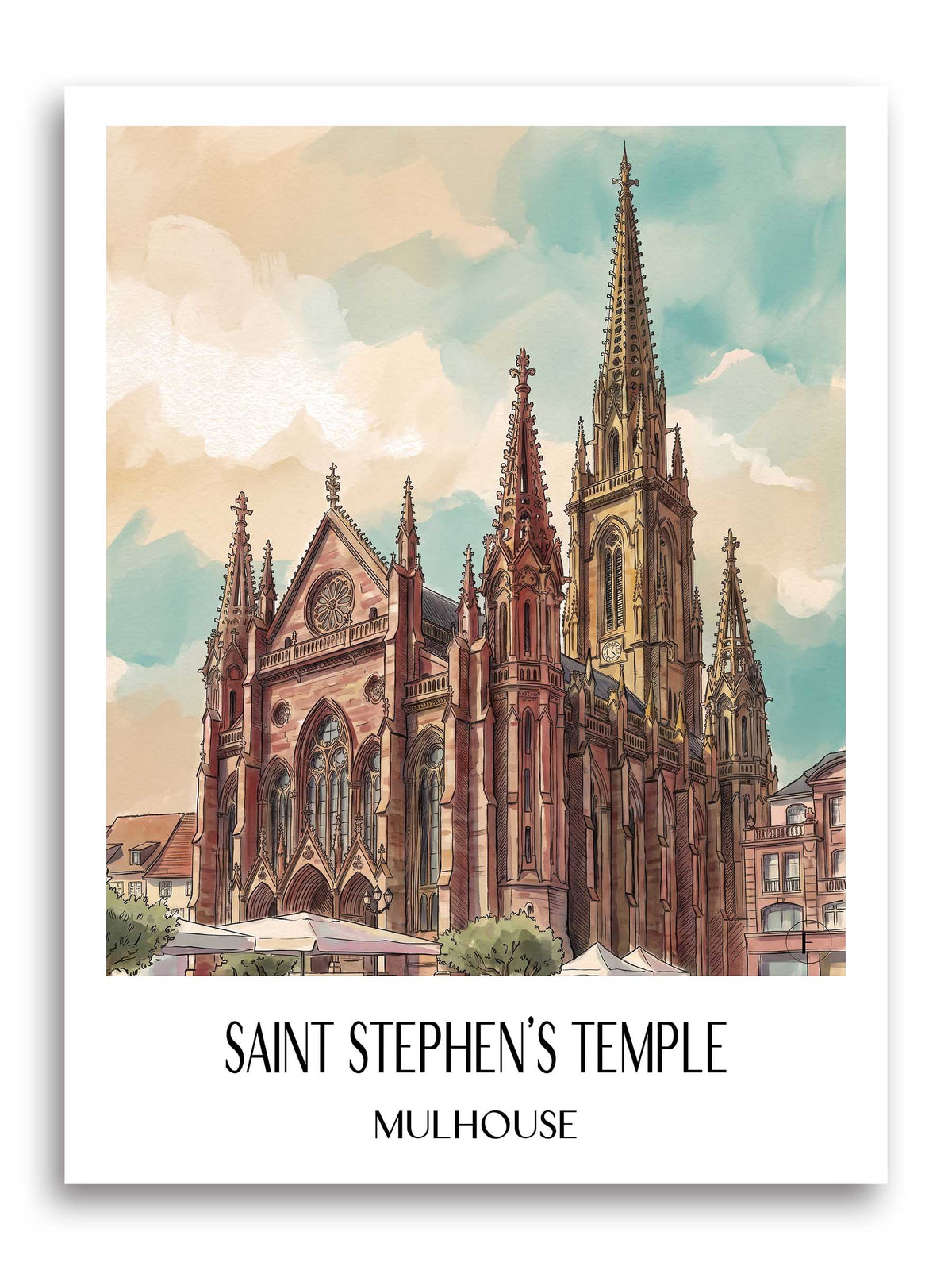 Temple Saint-Étienne Poster - Mulhouse - Frankreich Kunstdruck - Aquarell von A4 bis A1