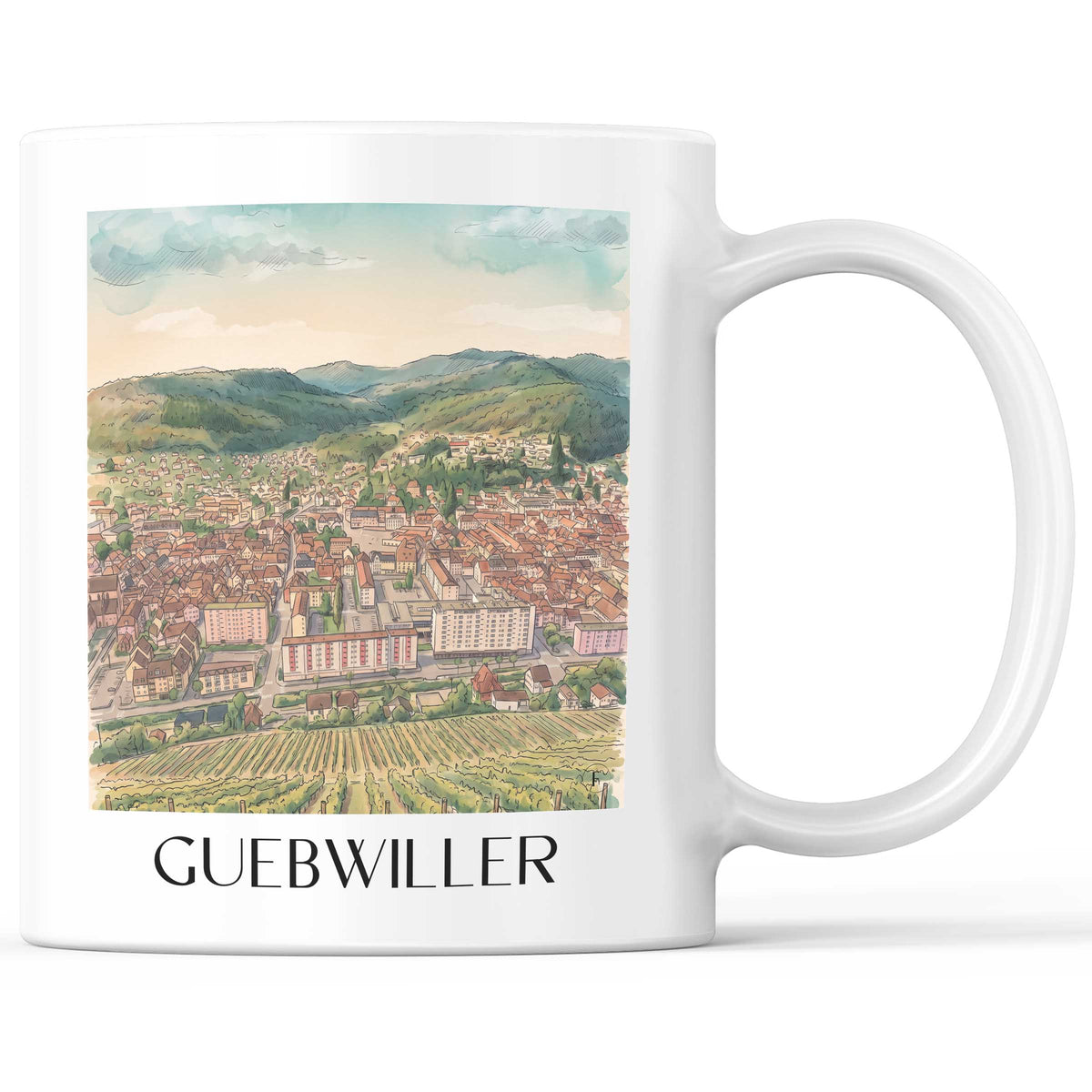 Guebwiller Kaffeebecher - Route des Vins d'Alsace - Frankreich Becher - Kaffeetasse im Aquarell Stil