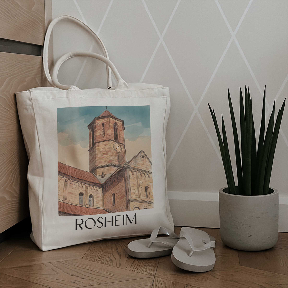 rosheim-route-des-vins-d'alsace-frankreich-einkaufstasche-aquarell