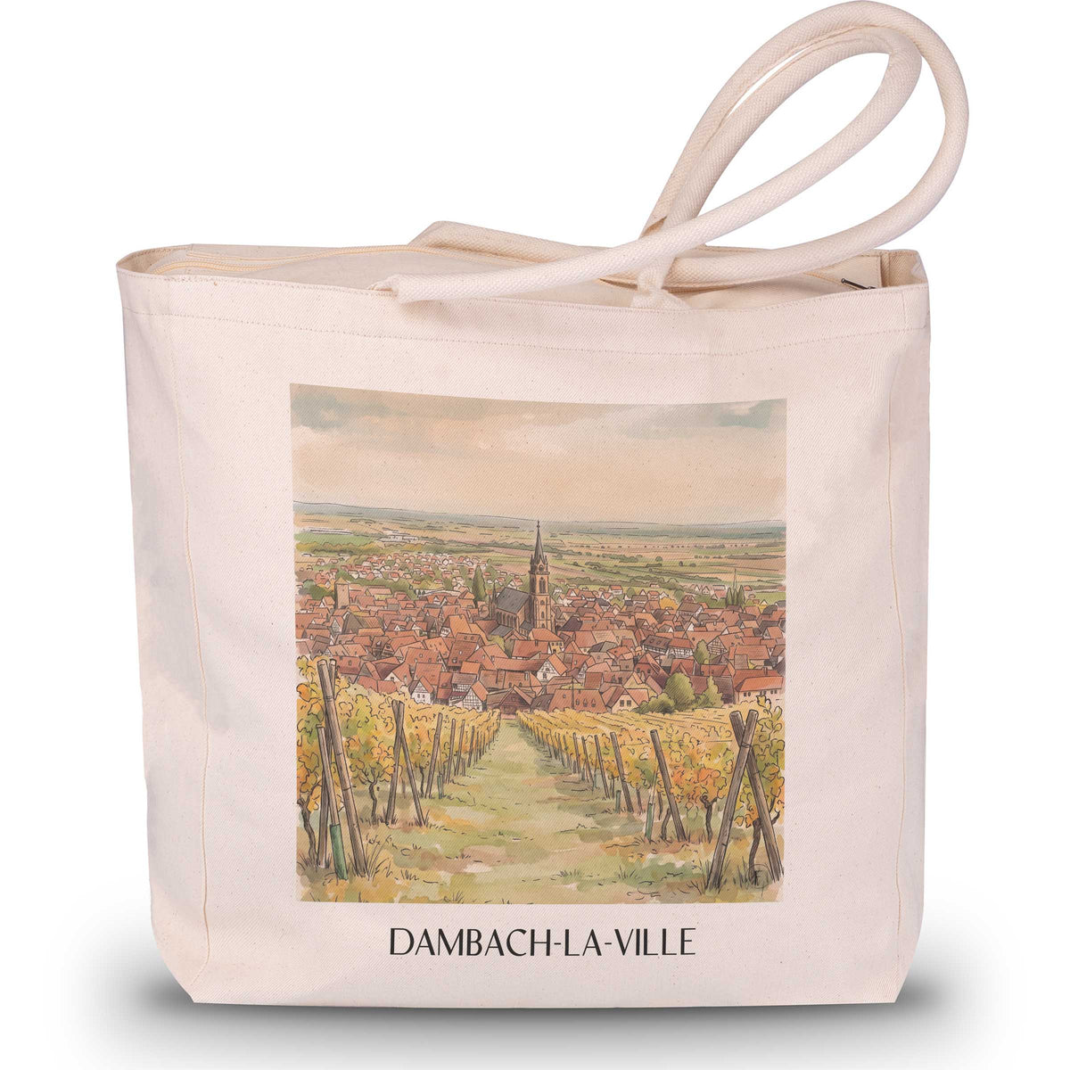 dambach-la-ville-route-des-vins-d'alsace-frankreich-einkaufstasche-aquarell