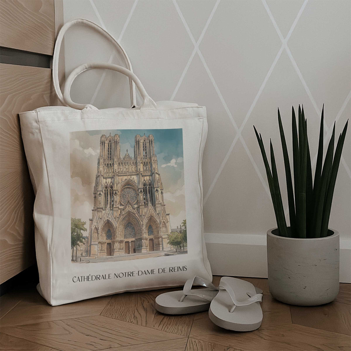 cathédrale-notre-dame-reims-frankreich-einkaufstasche-aquarell
