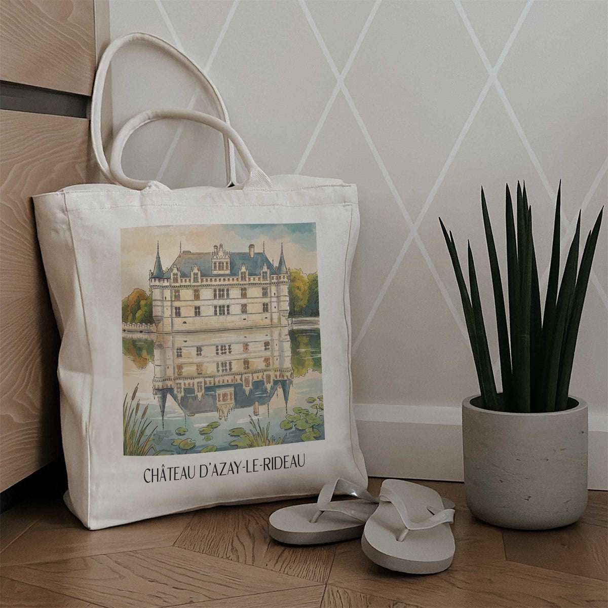château-d'azay-le-rideau-val-de-loire-frankreich-einkaufstasche-aquarell