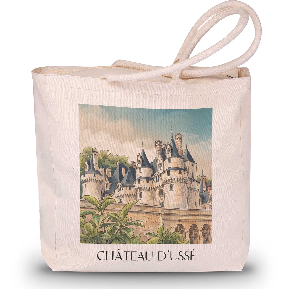 château-d'ussé-rigny-ussé-frankreich-einkaufstasche-aquarell