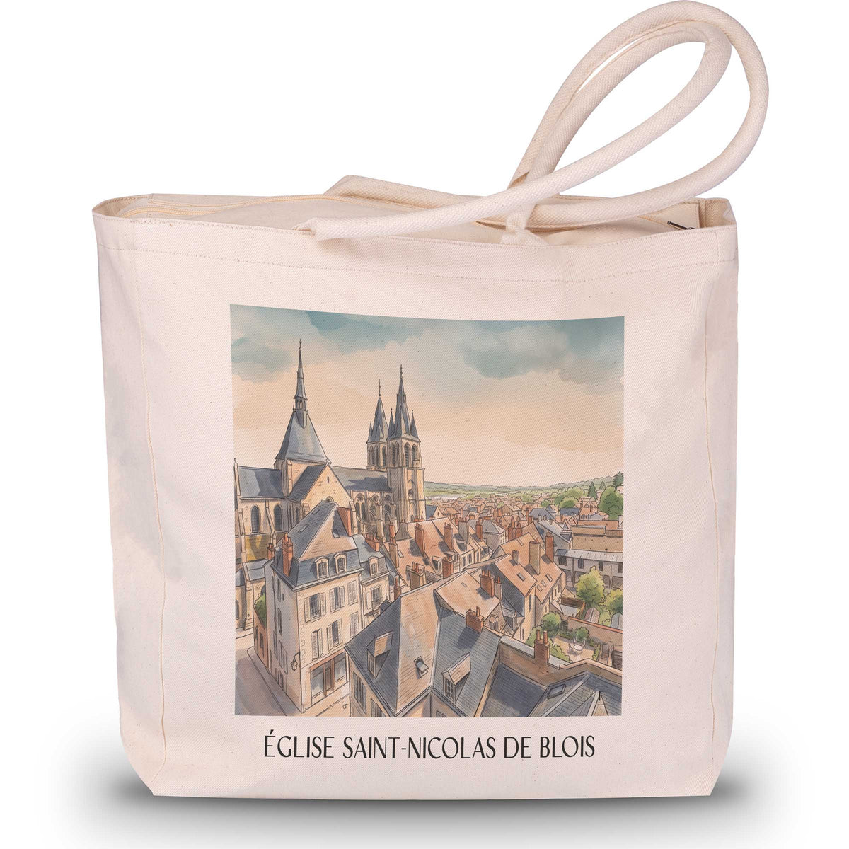 église-saint-nicolas-blois-frankreich-einkaufstasche-aquarell