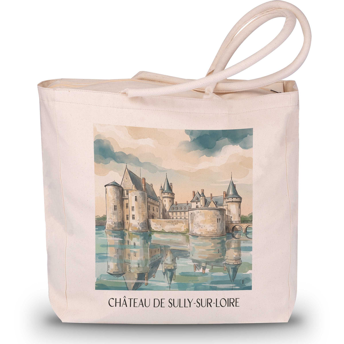 château-de-sully-sur-loire-val-de-loire-frankreich-einkaufstasche-aquarell