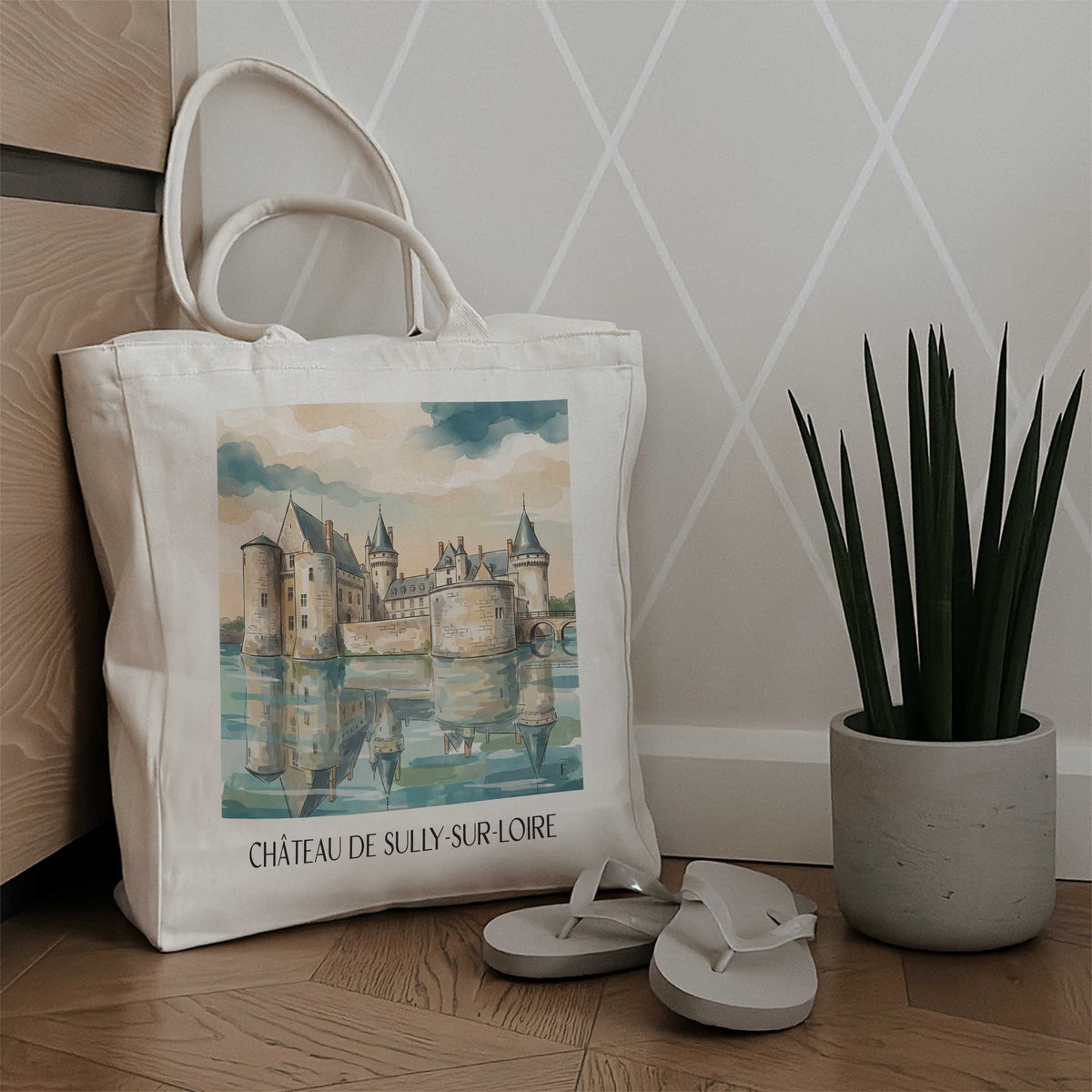 château-de-sully-sur-loire-val-de-loire-frankreich-einkaufstasche-aquarell
