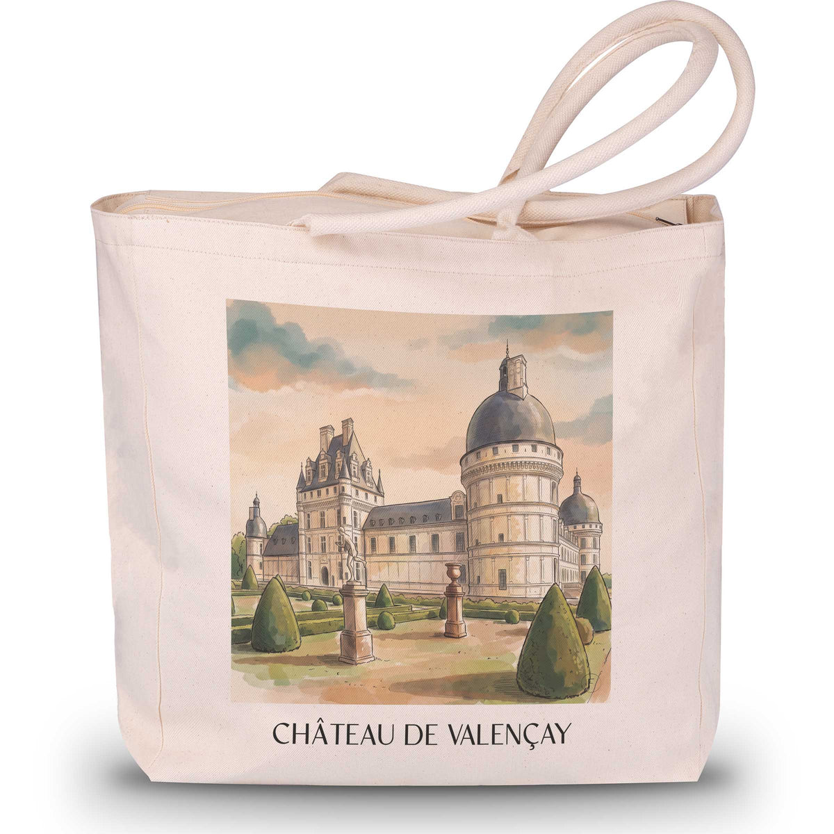 château-de-valençay-val-de-loire-frankreich-einkaufstasche-aquarell