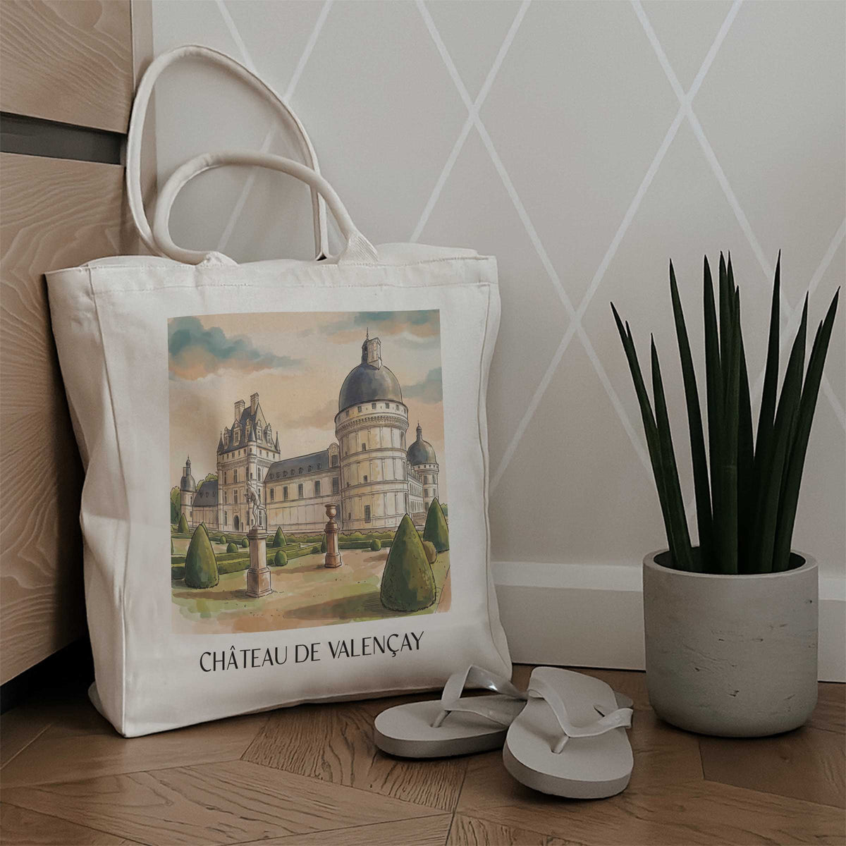 château-de-valençay-val-de-loire-frankreich-einkaufstasche-aquarell