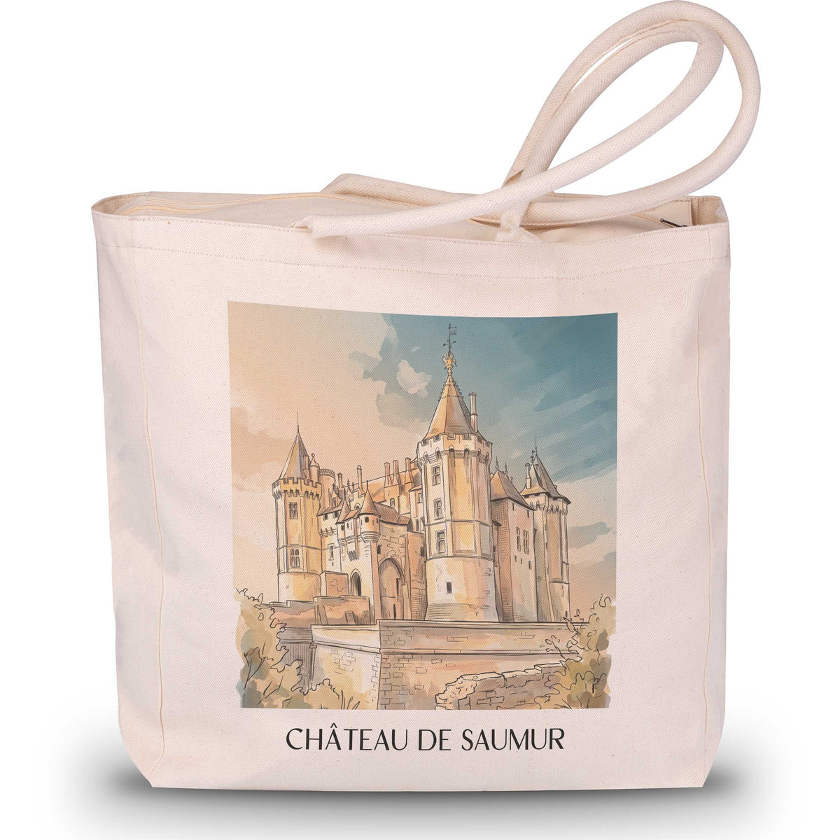 château-de-saumur-val-de-loire-frankreich-einkaufstasche-aquarell