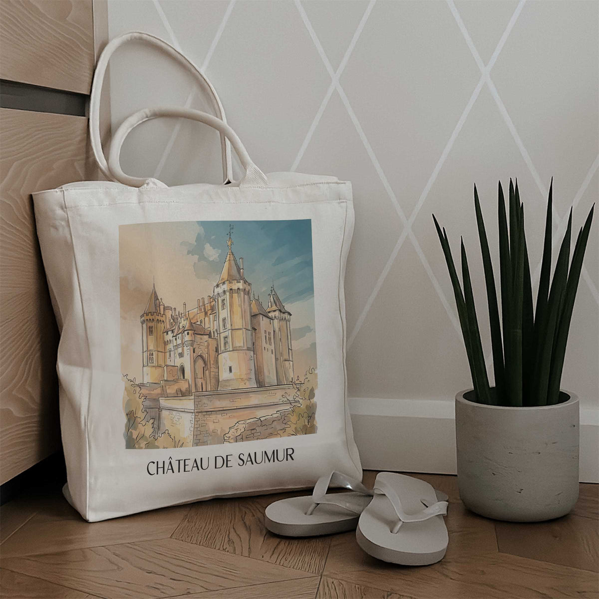 château-de-saumur-val-de-loire-frankreich-einkaufstasche-aquarell