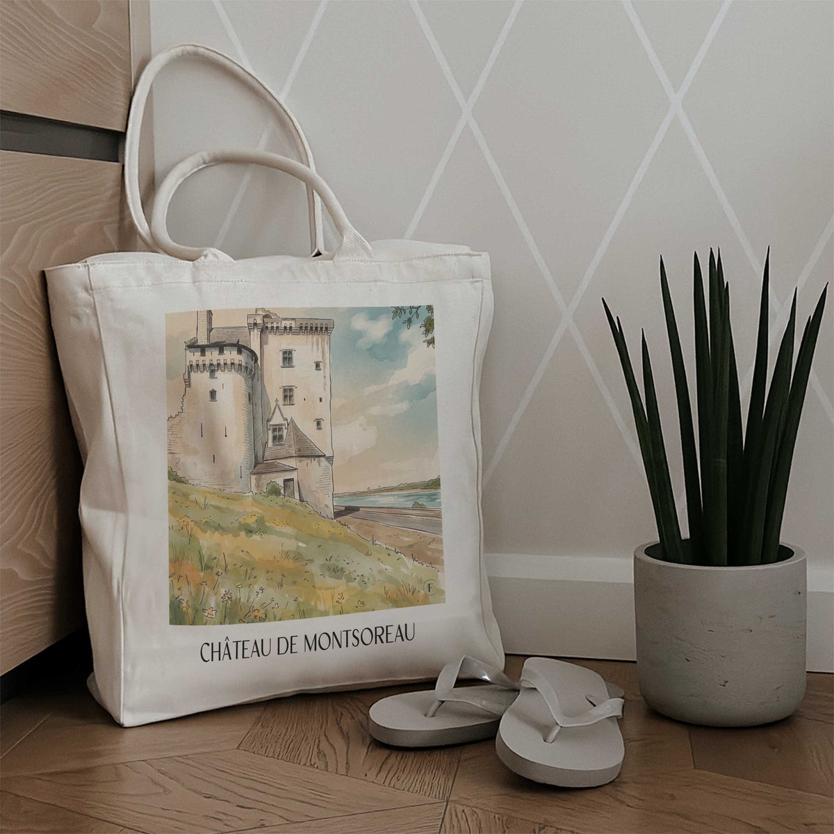 château-de-montsoreau-val-de-loire-frankreich-einkaufstasche-aquarell
