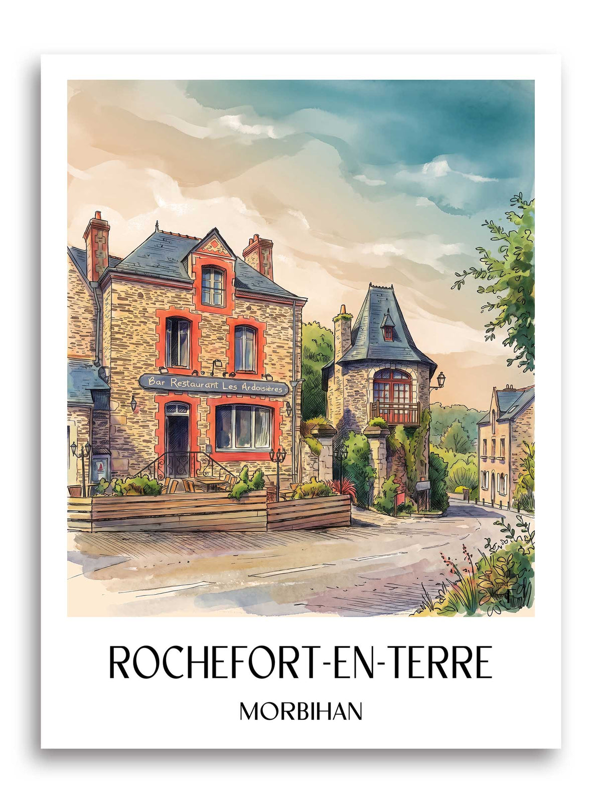 Rochefort-en-Terre Poster - Morbihan - Frankreich Kunstdruck - Aquarell von A4 bis A1