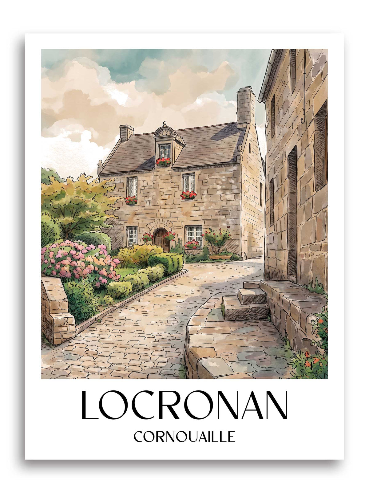 Locronan Poster - Cornouaille - Frankreich Kunstdruck - Aquarell von A4 bis A1