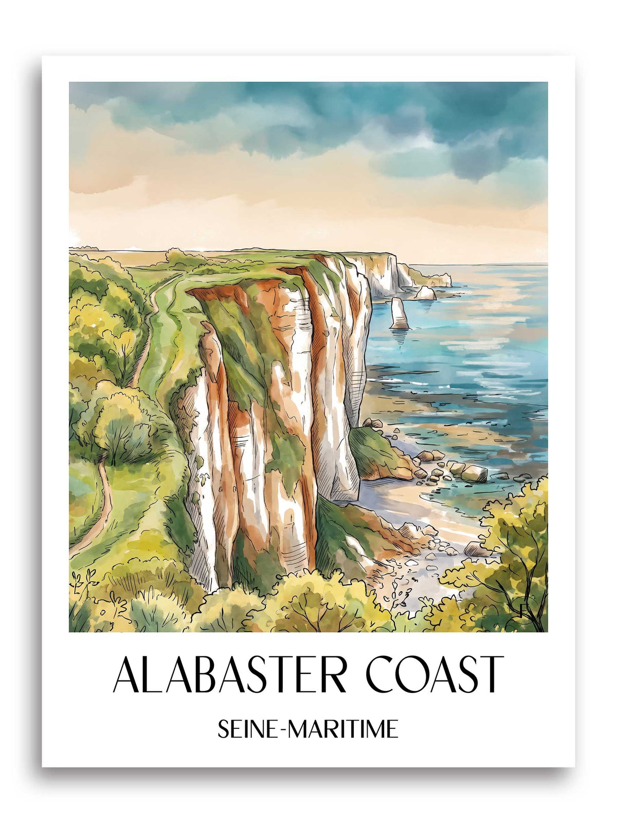 Côte d'Albâtre Poster - Seine-Maritime - Frankreich Kunstdruck - Aquarell von A4 bis A1