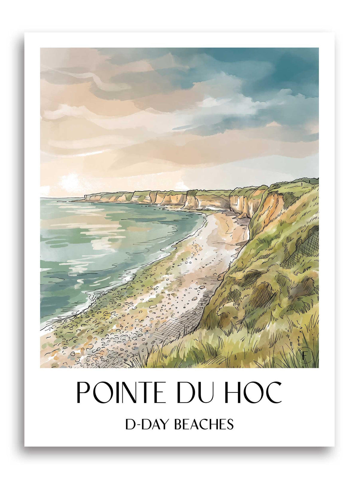 Pointe du Hoc Poster - D-Day-Strände - Frankreich Kunstdruck - Aquarell von A4 bis A1