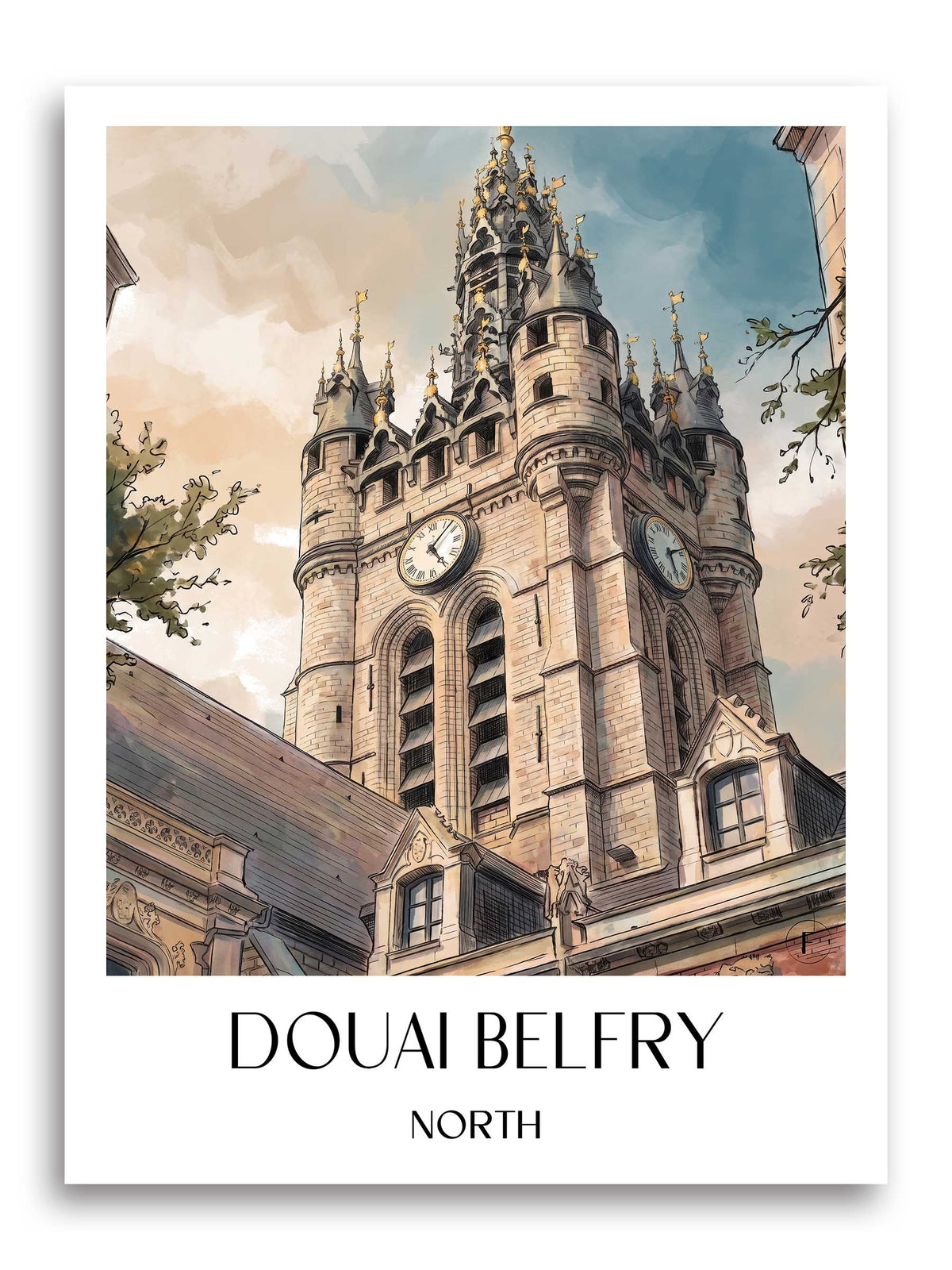 Beffroi de Douai Poster - Nord - Frankreich Kunstdruck - Aquarell von A4 bis A1