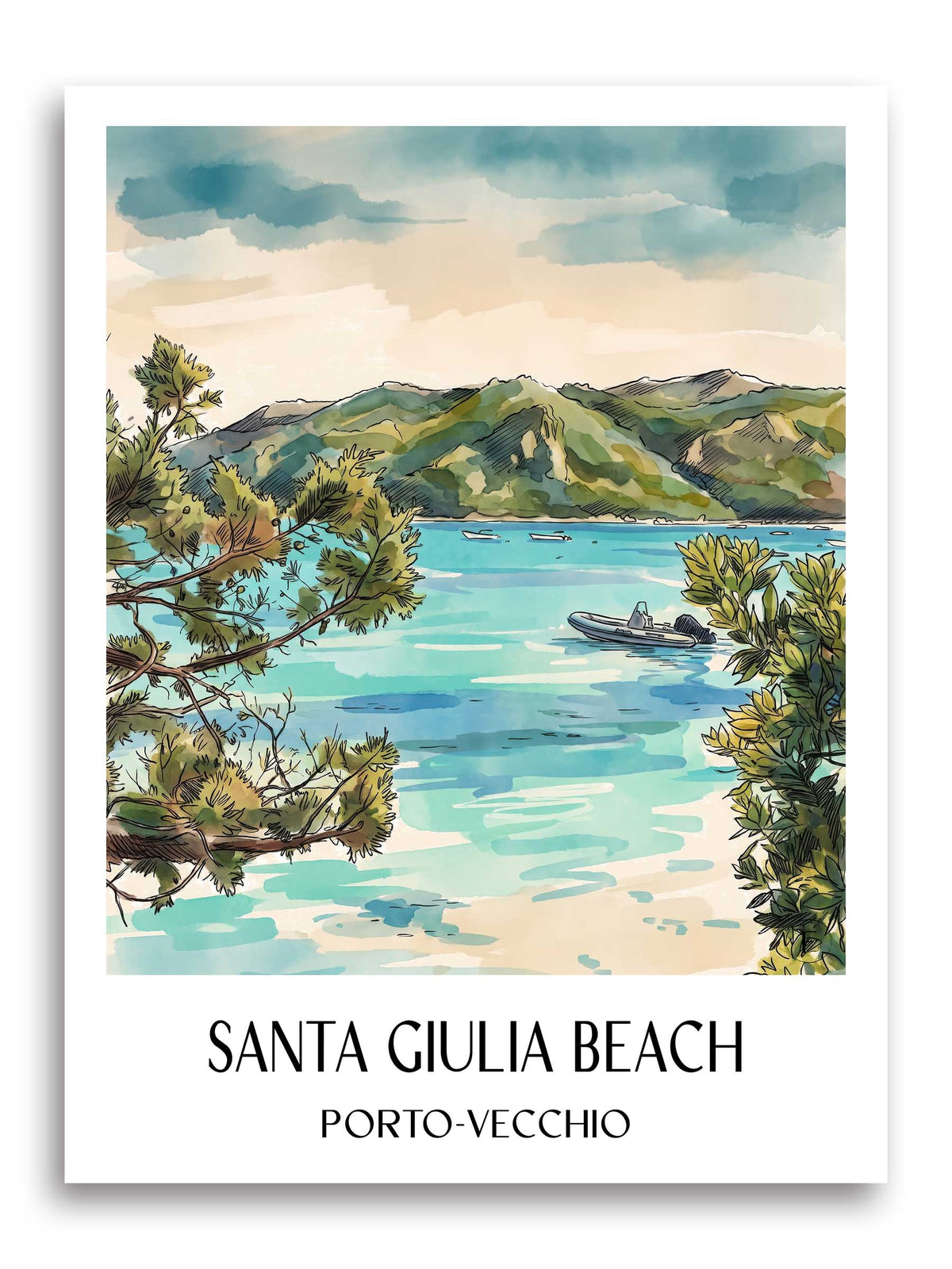 Plage de Santa Giulia Poster - Porto-Vecchio - Frankreich Kunstdruck - Aquarell von A4 bis A1