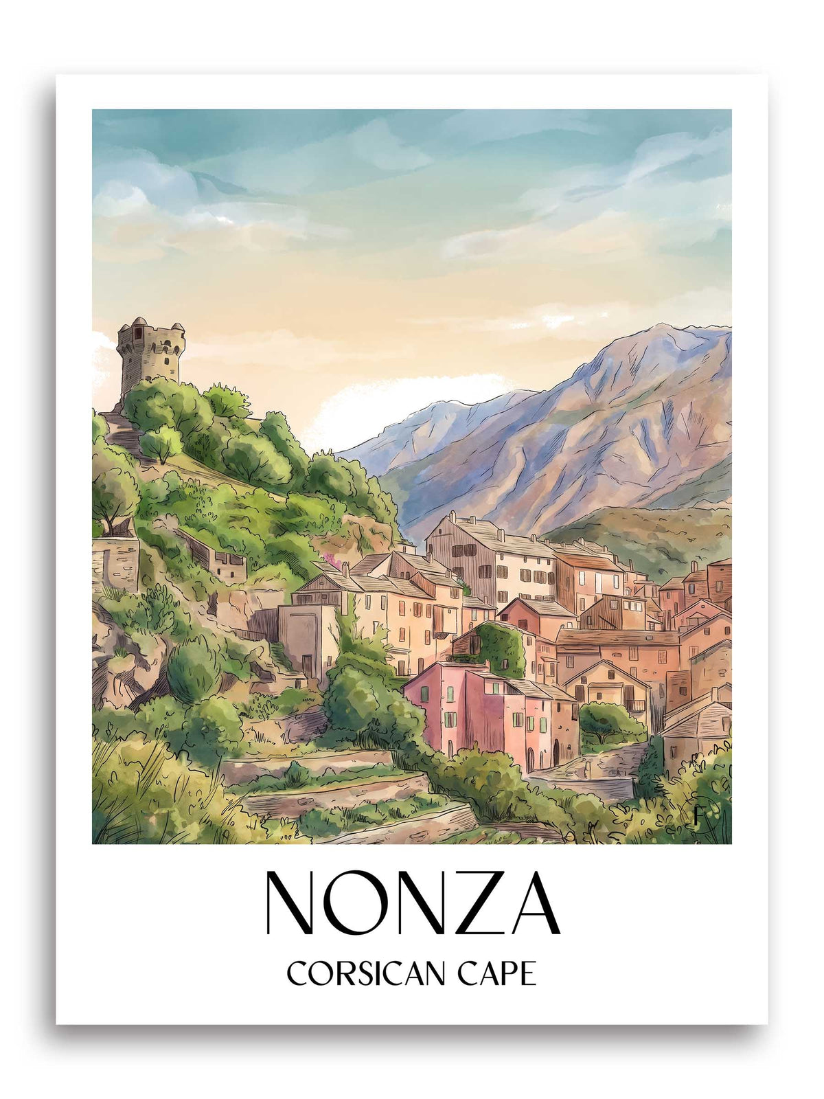 Nonza Poster - Cap Corse - Frankreich Kunstdruck - Aquarell von A4 bis A1