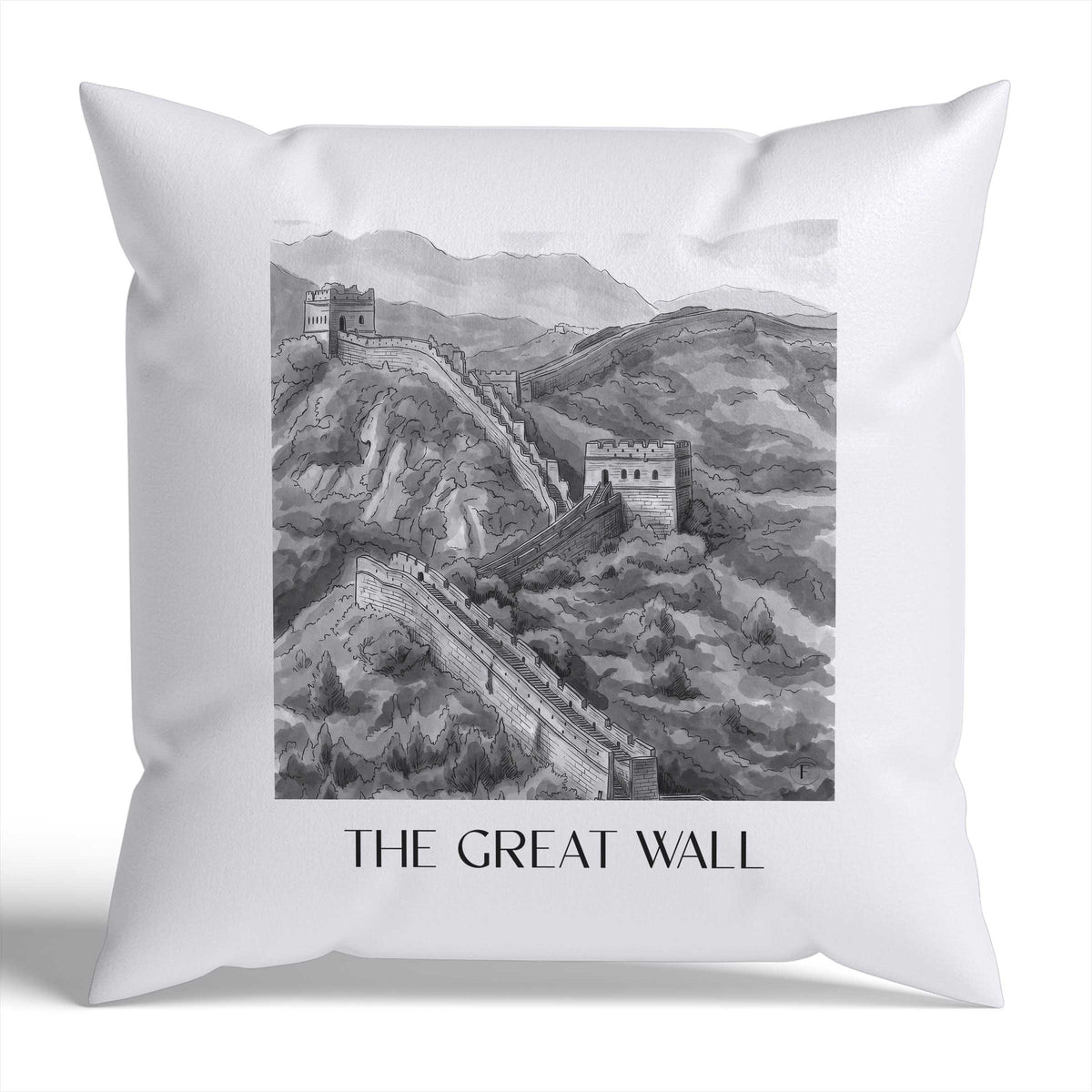 die große Mauer Kissenhülle - Zierkissen Bezug - China - China Kissen bzw. Kissenbezug im Aquarell Schwarz-Weiß Stil - favplace