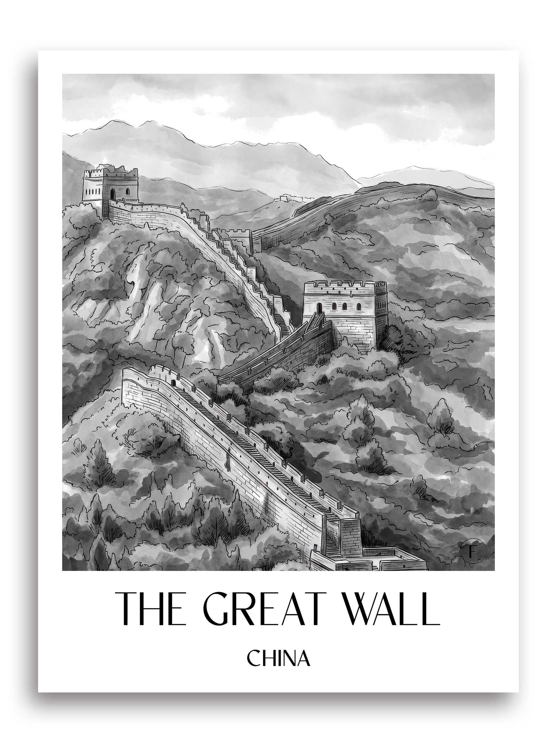 die große Mauer Poster - - China Kunstdruck - Aquarell Schwarz-Weiß von A4 bis A1 - favplace