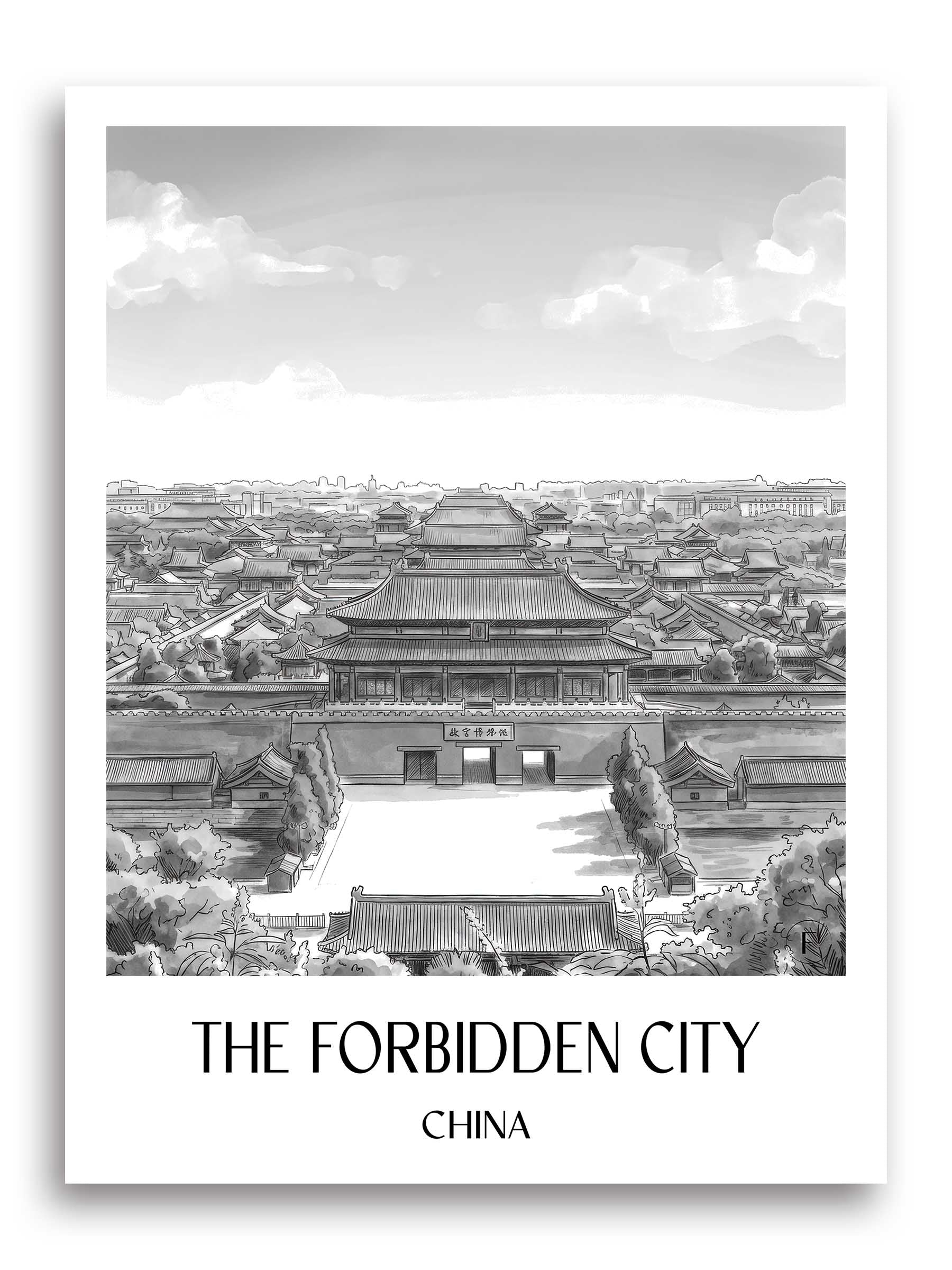 die verbotene Stadt Poster - - China Kunstdruck - Aquarell Schwarz-Weiß von A4 bis A1 - favplace