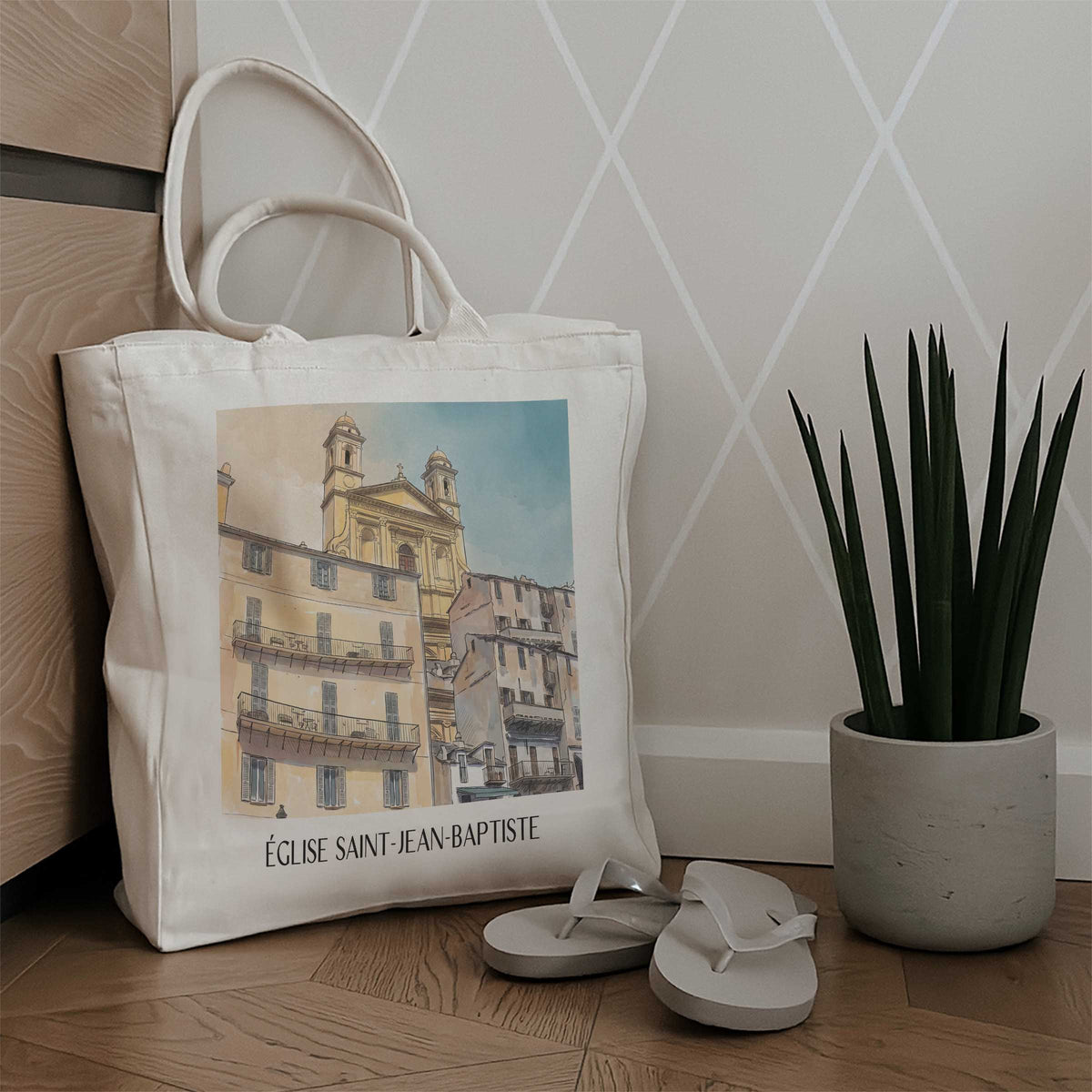 église-saint-jean-baptiste-bastia-frankreich-einkaufstasche-aquarell