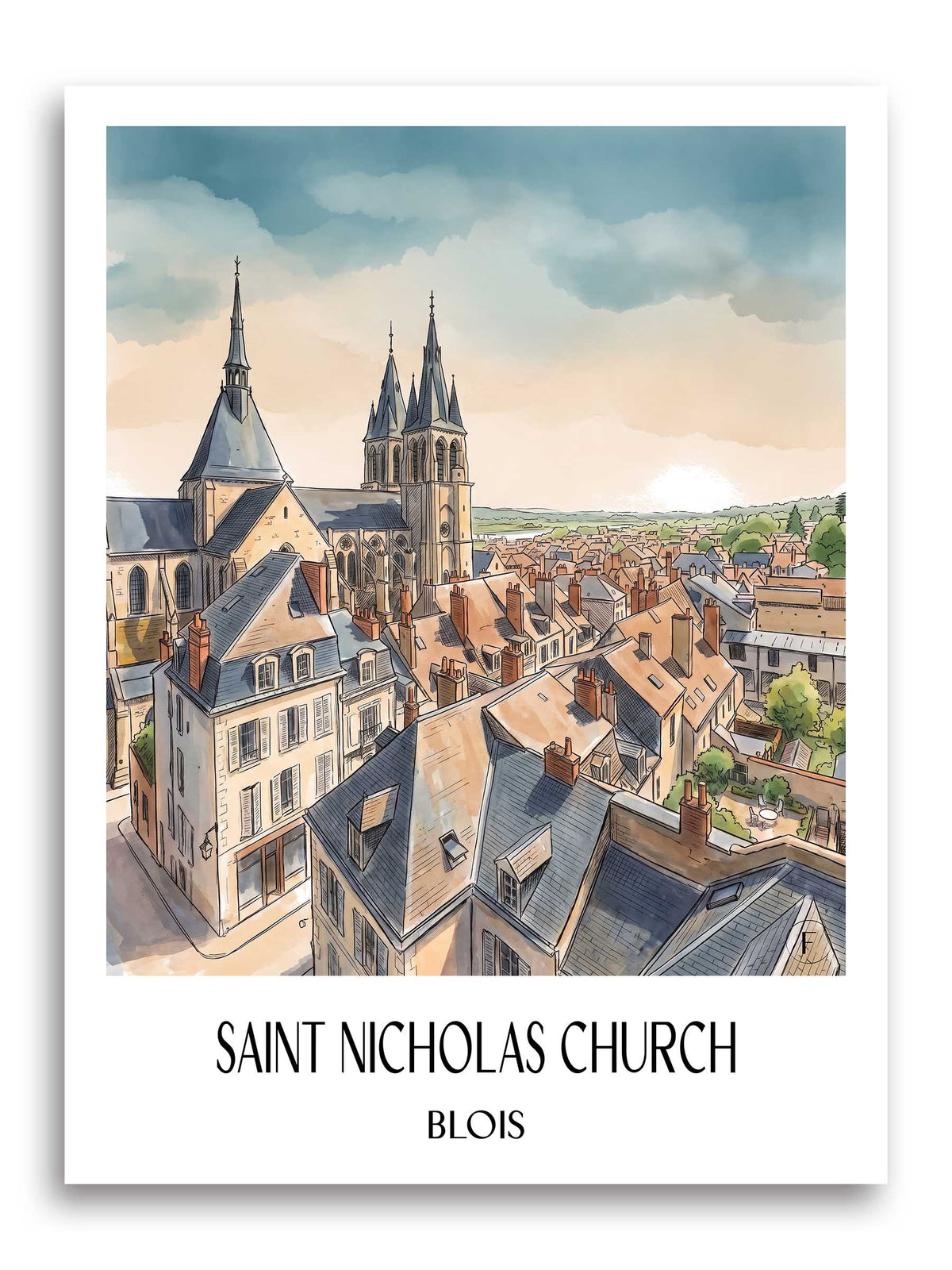 Église Saint-Nicolas Poster - Blois - Frankreich Kunstdruck - Aquarell von A4 bis A1