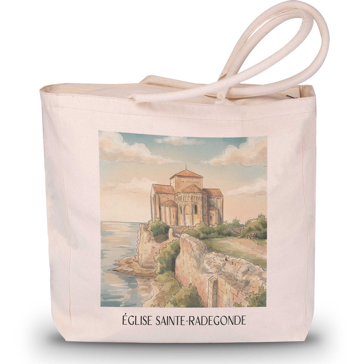 église-sainte-radegonde-talmont-sur-gironde-frankreich-einkaufstasche-aquarell