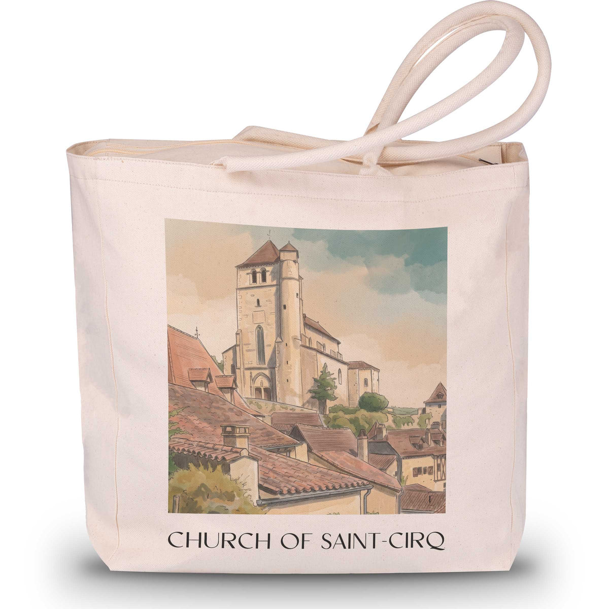 Église de Saint-Cirq Shopping Tasche - Saint-Cirq-Lapopie - Frankreich Tote Bag - Einkaufstasche im Aquarell Stil - favplace