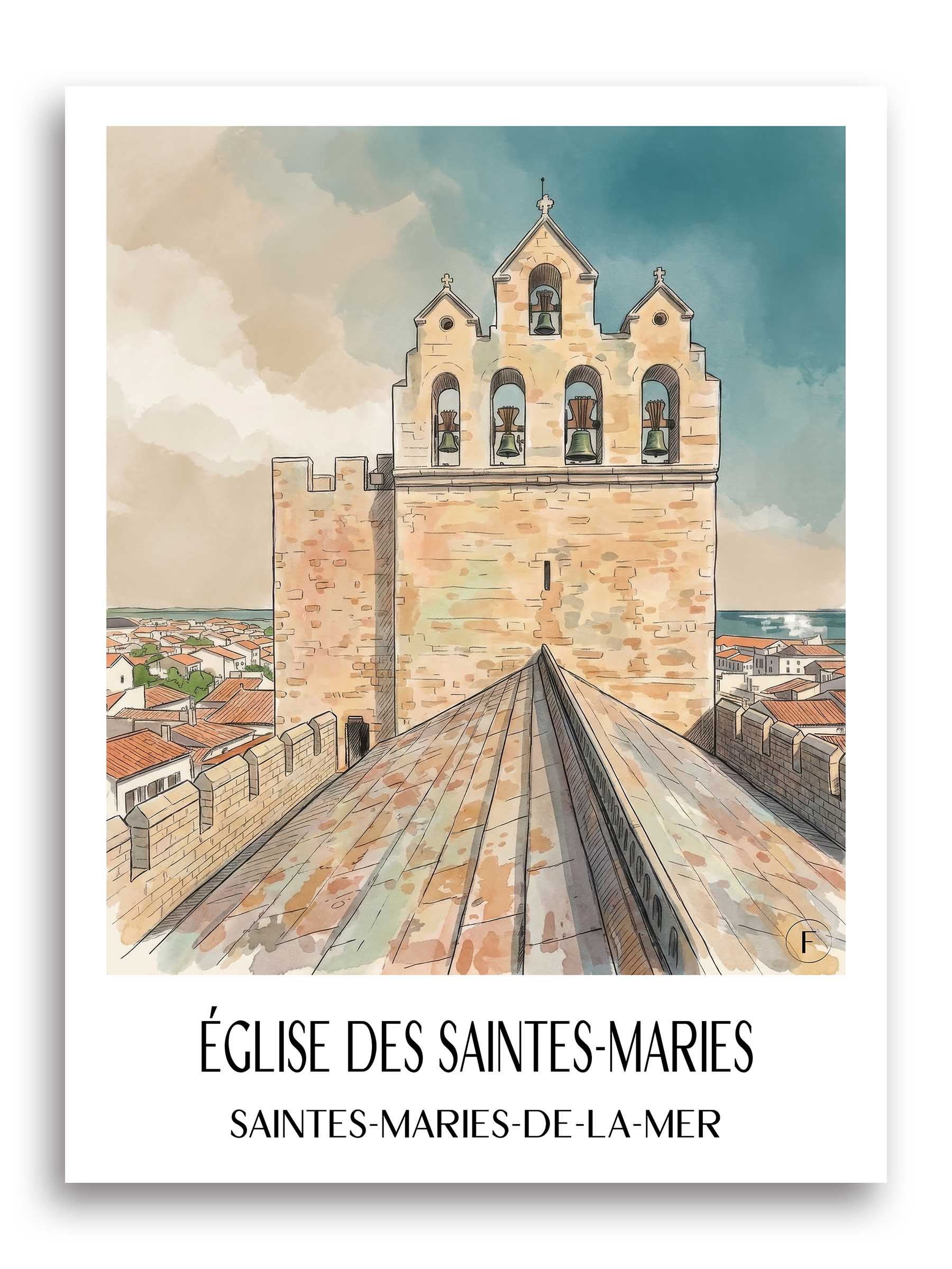 église-des-saintes-maries-saintes-maries-de-la-mer-frankreich-poster-aquarell