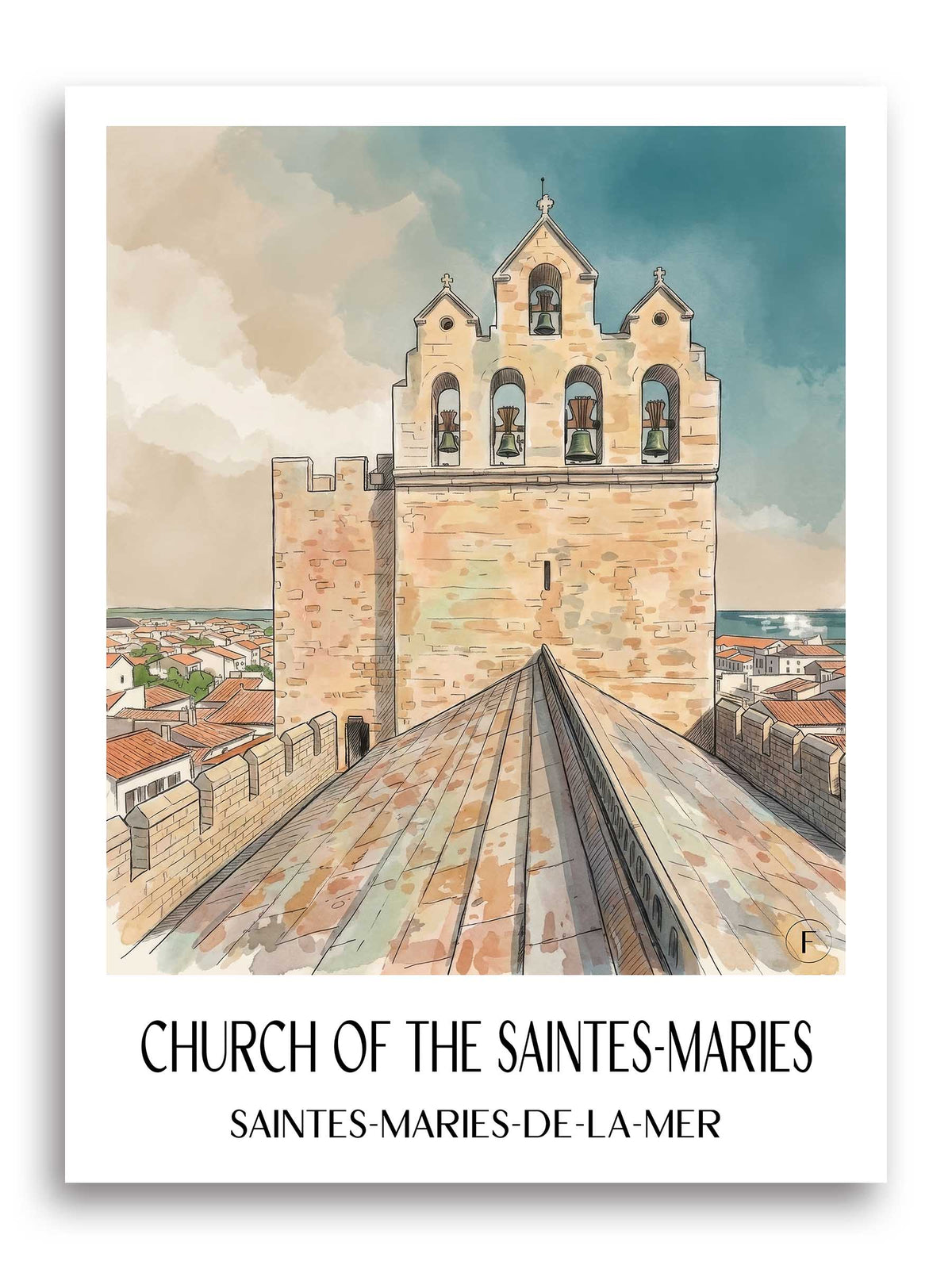 Église des Saintes-Maries Poster - Saintes-Maries-de-la-Mer - Frankreich Kunstdruck - Aquarell von A4 bis A1 - favplace
