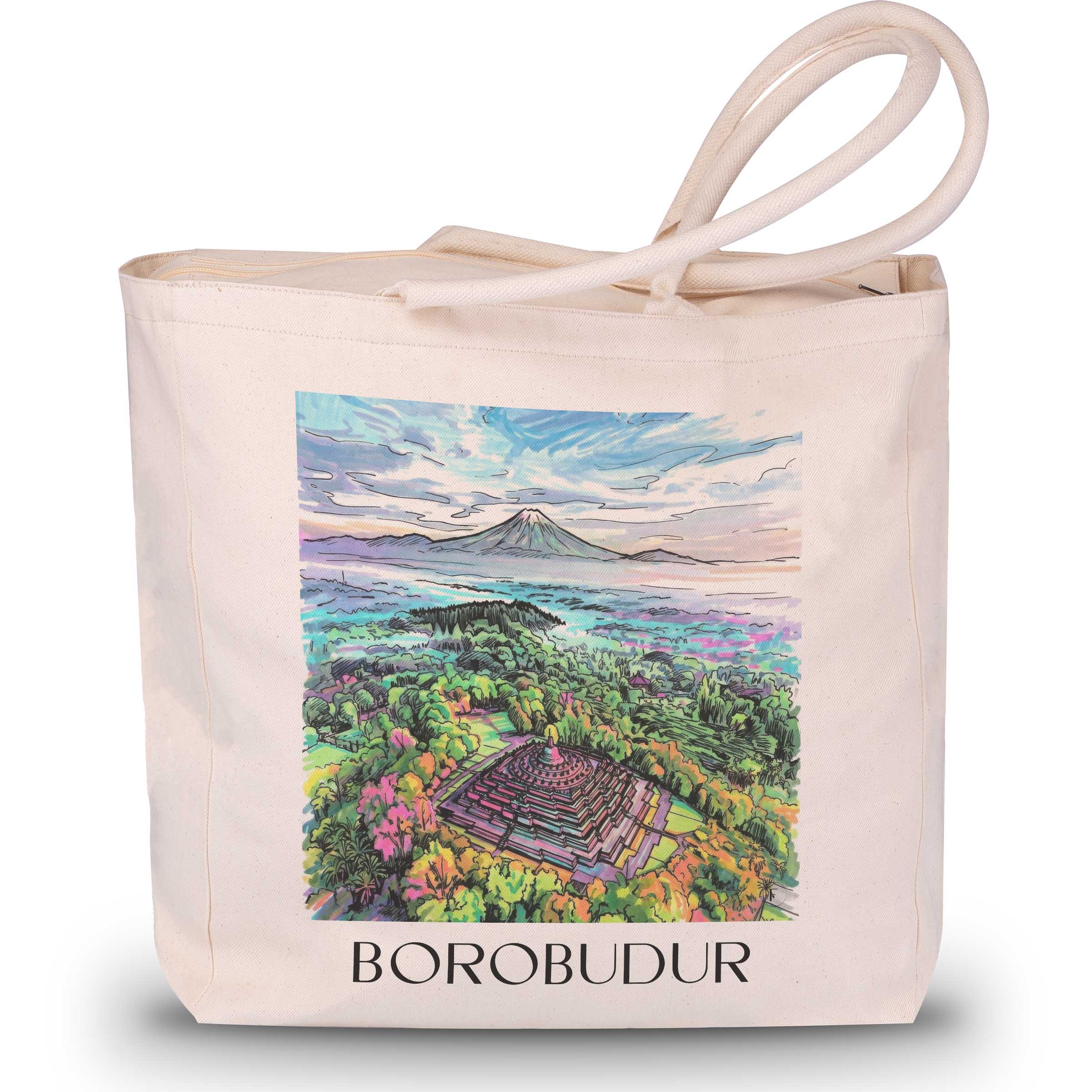 Borobodur - Indonesien Tote Bag - Einkaufstasche im Tag Graffiti Stil