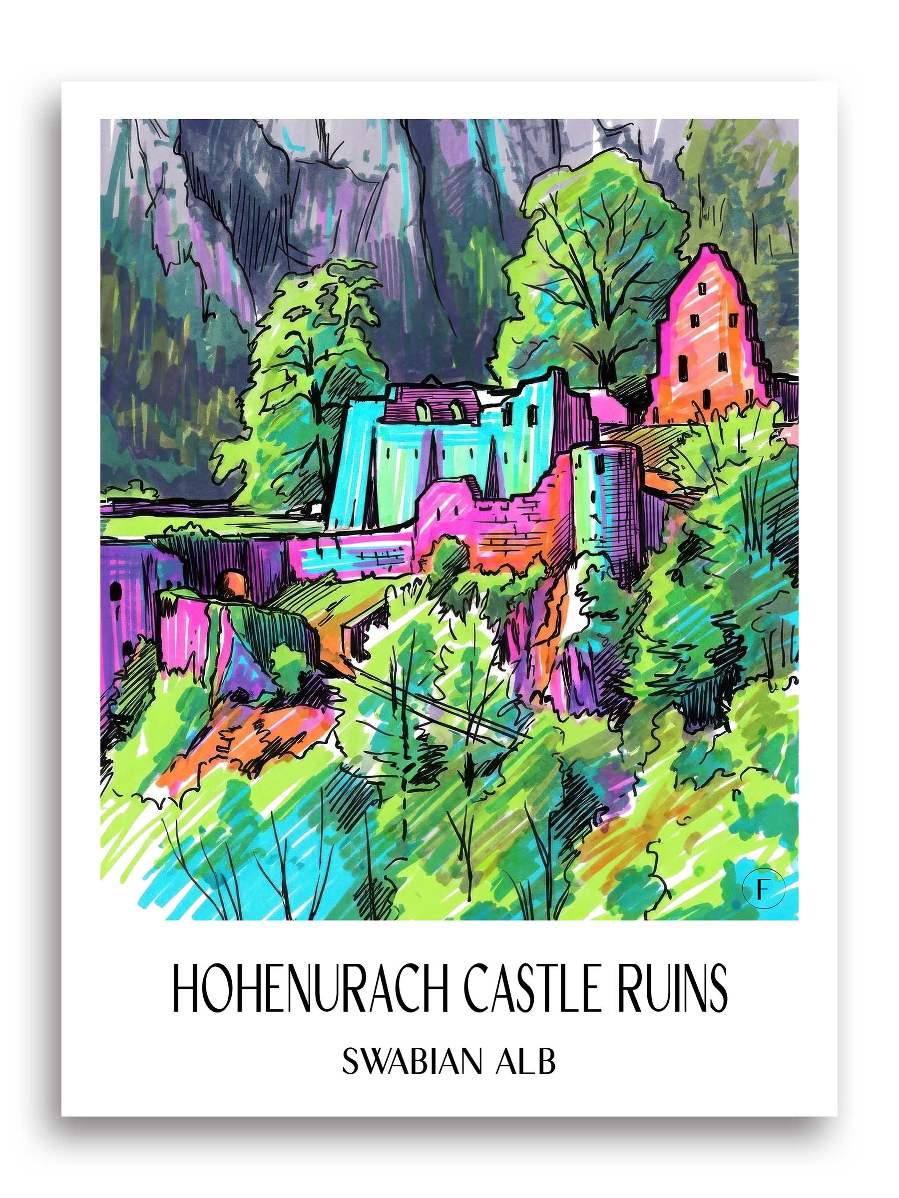 Burgruine Hohenurach Poster - Schwäbische Alb - Deutschland Kunstdruck - Tag Graffiti von A4 bis A1